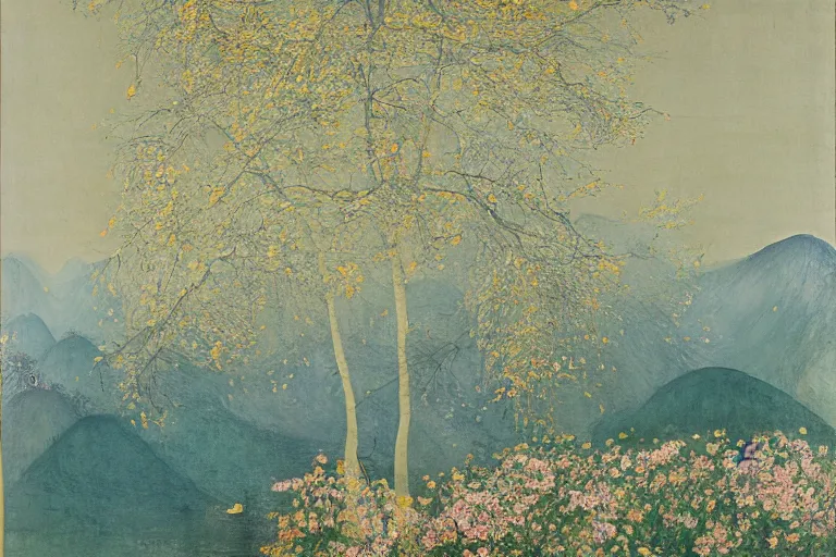 Image similar to an ultradetailed landscape painting of scenic westlake in china hangzhou, light yellow may flowers blossoms nearby, autumn wind, chinese water color, smooth, by hilma af klint