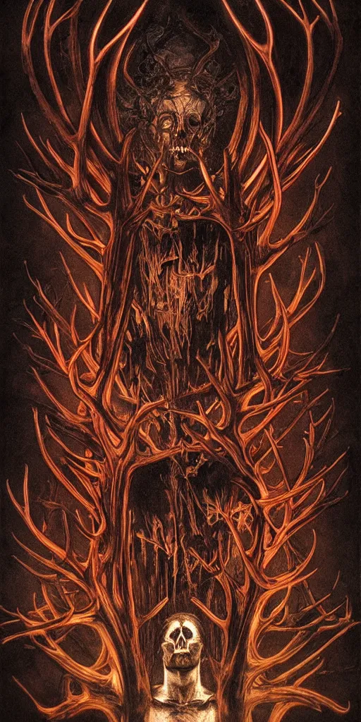 Prompt: intense glowing black metal pagan god with veins and antlers and intense pure black eyes and a blood skull in very dark wooden cathedral by beksinski and alphonse mucha and artgerm, portrait, fantasy, clear, light beams, lens flare, intense, uhd, amazing depth, cinematic lighting, shining gold and black and red