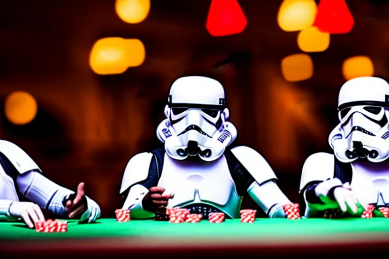Image similar to a photo of two stormtroopers playing craps in las vegas, bokeh, blurred background, colorful lights
