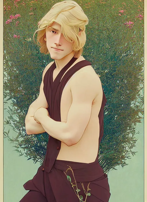 Image similar to pretty young man with shoulder length blond hair, male, half body shot, path traced, highly detailed, high quality, digital painting, by studio ghibli and alphonse mucha, leesha hannigan, hidari, art nouveau, chiho aoshima, jules bastien - lepage