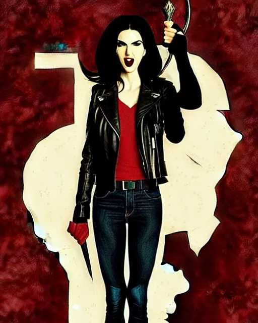 Prompt: Rafael Albuquerque comic cover art, Norman Rockwell, Joshua Middleton, pretty Ivanka Trump vampire, sharp vampire teeth, sarcastic smile, brown leather jacket, jeans, long black hair, full body, building on fire, cool colors