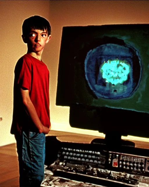 Image similar to 8k professional photo of an 8 years old enlightened and scared boy standing in front of an old computer from 90s with a game doom2 at the monitor screen. painting by Adrian Ghenie and Willem de Kooning and Cy Twombly, still from a movie by Gaspar Noe and James Cameron