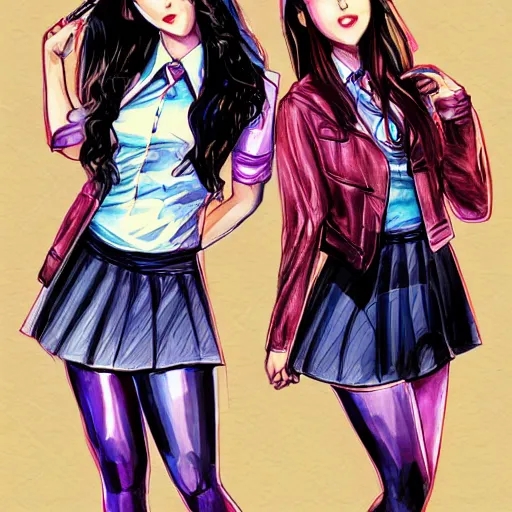 Image similar to a perfect, realistic professional digital sketch of two synthwave Japanese schoolgirls posing, in style of Marvel, full length, by pen and watercolor, by a professional American senior artist on ArtStation, a high-quality hollywood-style sketch, on high-quality paper