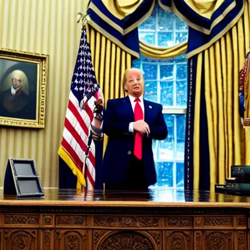 Prompt: Trump drunk in the Oval Office, newspaper picture, pulitzer-prized photo