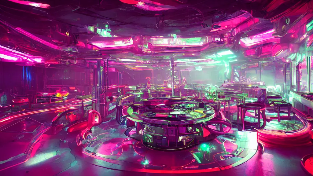 Prompt: sci-fi night club, with colourful alien dancers, neon lights, fog, smoke and atmosphere, red tones, platforms, circular mechanical structures, tessellating shapes, contemporary aesthetic, like concept art on artstation, hyperdetailed, vray render, octane render,