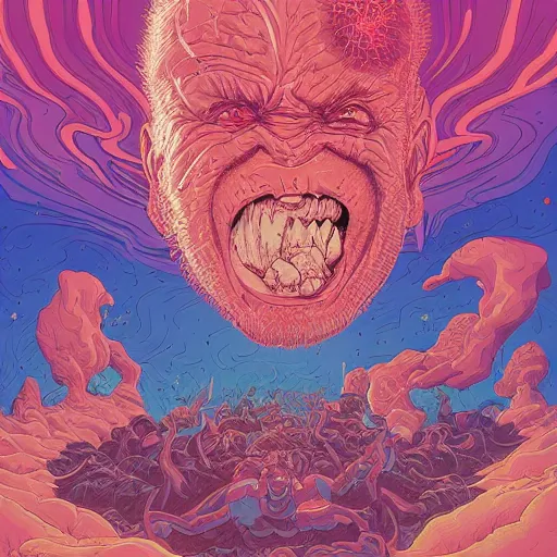 Image similar to portrait of head melting into another one, lava, laugh and surprise, by josan gonzales and Dan Mumford