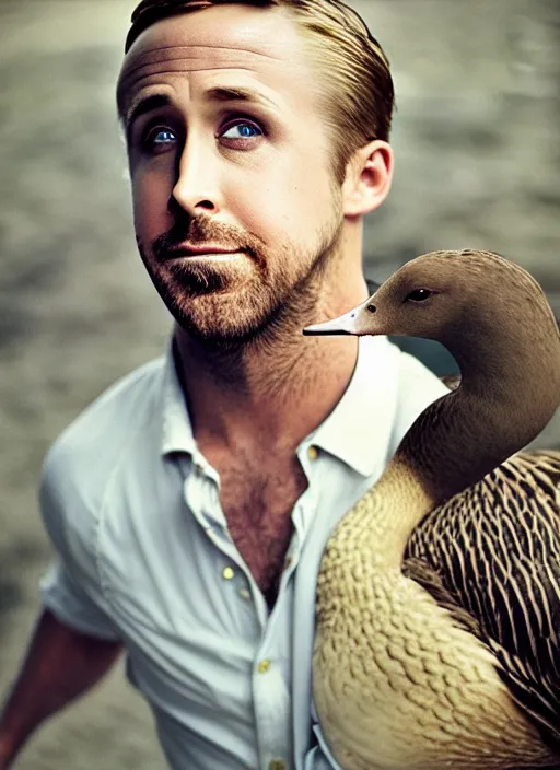 Image similar to ryan gosling fused with a goose, human arms, natural light, bloom, detailed face, magazine, press, photo, steve mccurry, david lazar, canon, nikon, focus