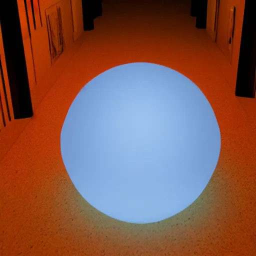 Image similar to strange fractal object floating in the middle of a hallway, glowing in the dark