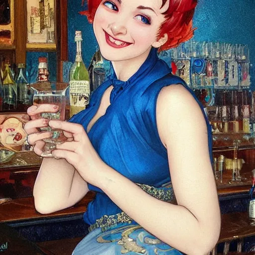 Image similar to a smiling happy beautiful barmaid with short blue hair wearing a red satin dress in a rustic saloon, beautiful sparkling blue eyes, caucasian, fantasy, intricate and very beautiful and elegant, highly detailed, digital painting, artstation, concept art, smooth and sharp focus, illustration, art by tan zi and artgerm and alphonse mucha and peter mohrbacher