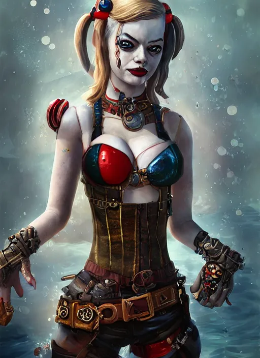 Image similar to underwater pirate steampunk portrait of emma stone as harley quinn, hyper detailed, digital art, cinematic lighting, studio quality, smooth render, unreal engine 5, octane rendered, art style by klimt and nixeu and ian sprigger and krenz cushart.