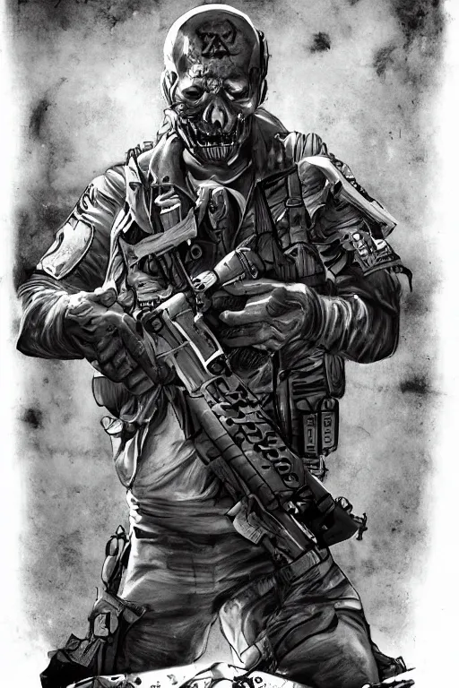 Prompt: a paranormal soldier, ouija tattoo on face, emp weapons strapped in shoulders, horror sci - fi black and white poster
