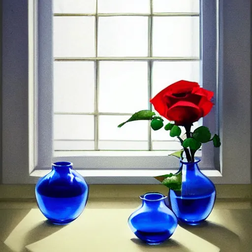 Image similar to The image would feature a windowsill with two vases, one containing a red rose and the other containing a blue violet. The natural light from the window would be shining in on the scene. Trending on artstation