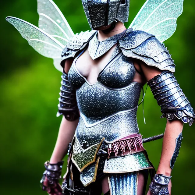 Image similar to full body photo of a fairy warrior wearing sparkly armour, highly detailed, 4 k, hdr, smooth, sharp focus, high resolution, award - winning photo