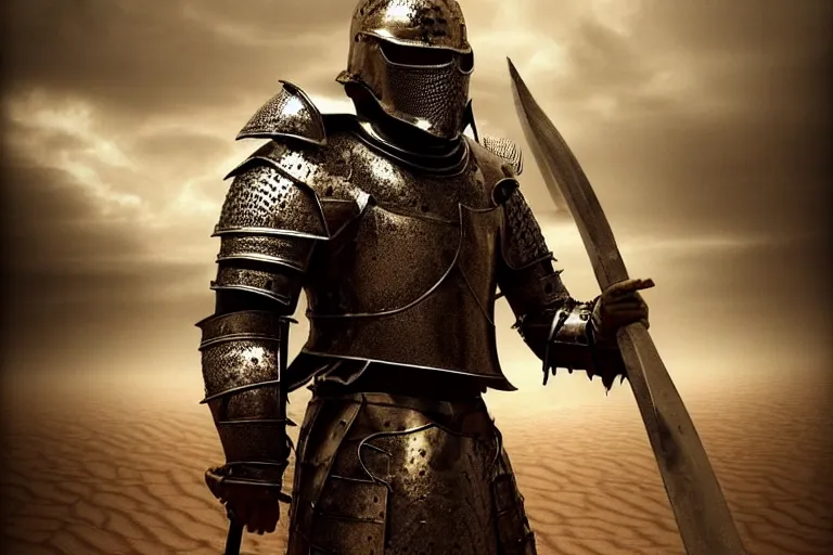 Prompt: The King fighting a war in the desert, dust and blood in the air, Gold and Silver Armour Suit, black iron sword, Dramatic Scene, dark and horrifying, intricate, cinematic lighting, highly detailed, trending on Artstation, 8k, photorealistic, dramatic, volumetric lighting, hyper realistic, unreal engine, Medieval Knight, art by Artgerm and Greg Rutkowski and Alphonse Mucha