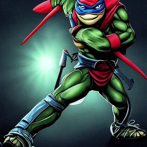 Prompt: ninja turtle raphael dim studio lighting, at night, ( ( photograph ) ), moody, realistic, detailed, low light, skin tinted a warm tone, light blue filter highly detailed, painting, red and black color palette, intricate, high quality anime artstyle, scenic view