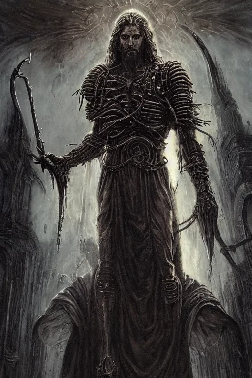 Image similar to portrait of jesus christ by hr giger, greg rutkowski, luis royo and wayne barlowe as a diablo, resident evil, dark souls, bloodborne monster