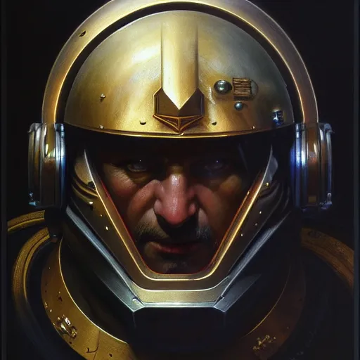 Image similar to of Space Marine MK 2 Helmet, dark fantasy, medium shot, intricate, elegant, highly detailed, digital painting, volumetric light, artstation, concept art, smooth, sharp focus, illustration, art by Donato Giancola and Greg Rutkowski and Alphonse Mucha