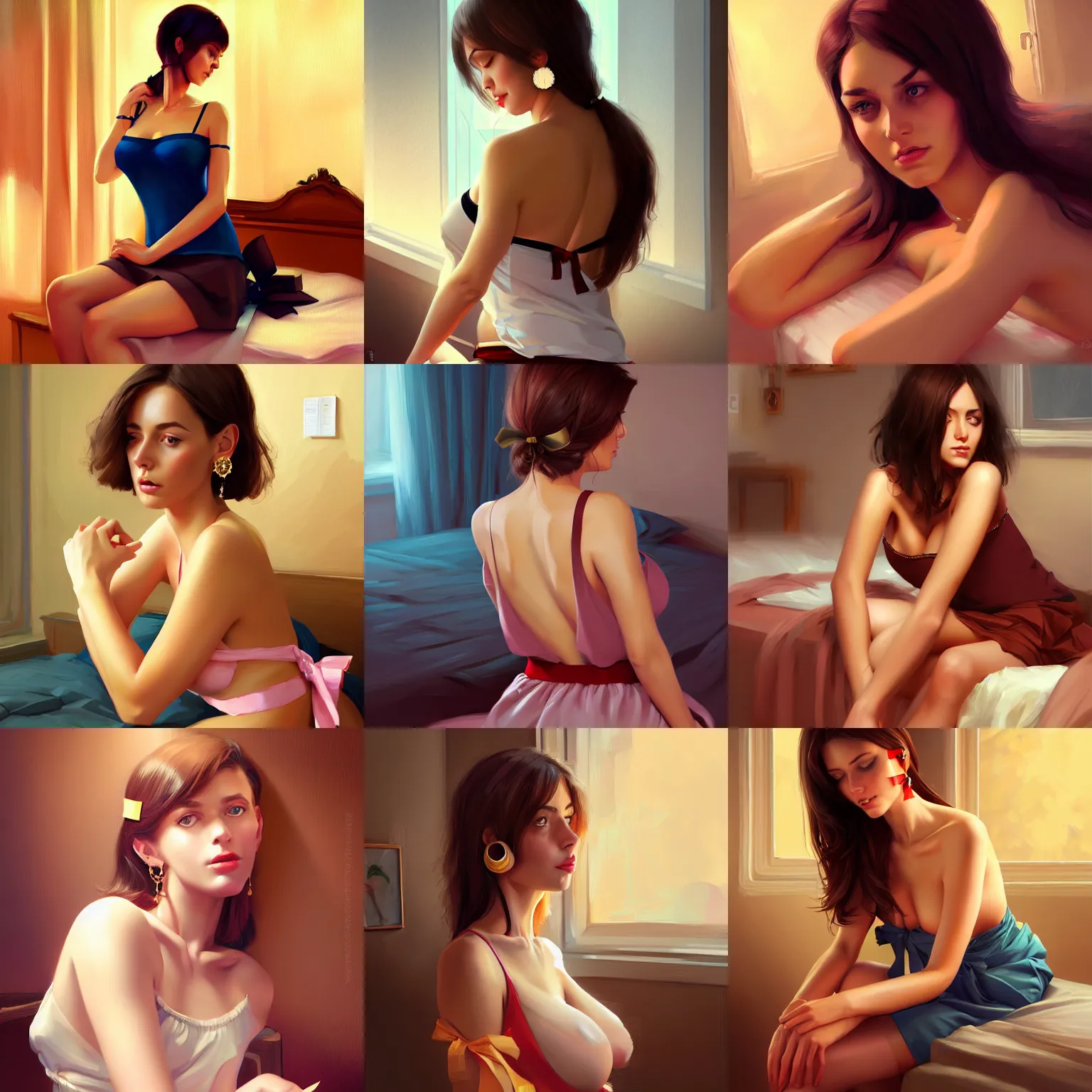 Prompt: sexy girl in a low cut blouse and short skirt, seductive pose, shoulder-length hair, ribbon in her hair, earrings, sitting on a bed. highly detailed, digital painting, in the style of Marc Simonetti, high definition digital art