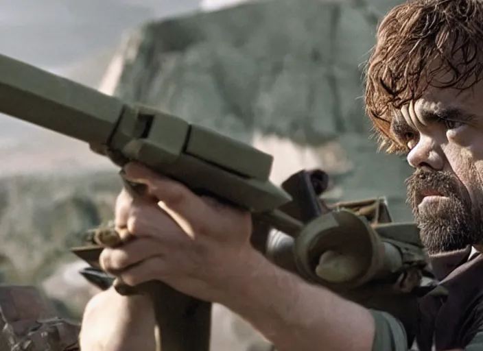 Image similar to peter dinklage holding a rocket launcher, movie still, from the new commando movie, 8 k, realistic