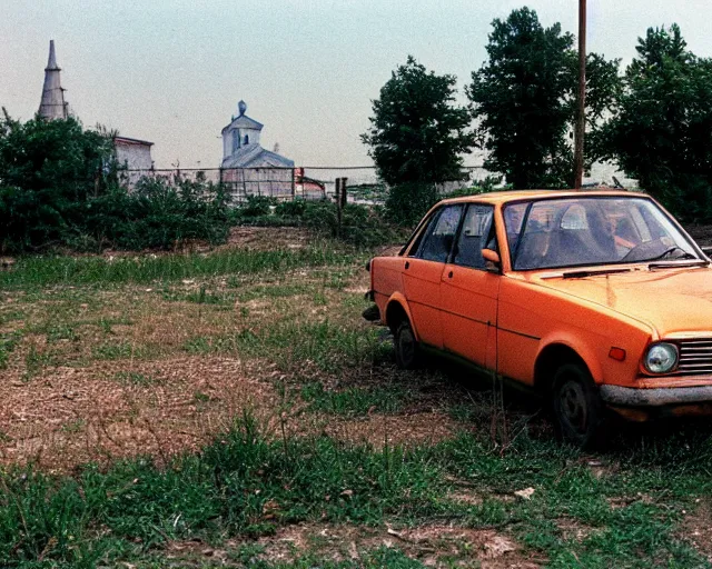 Image similar to a lomographic photo of old lada 2 1 0 7 standing in typical soviet yard in small town, hrushevka on background, cinestill, bokeh