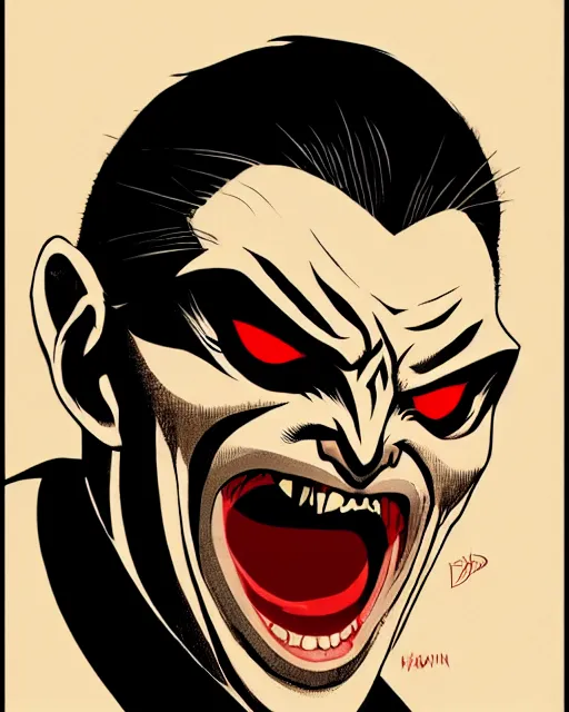 Image similar to handsome male vampire, symmetrical face, evil grin, cinematic, dramatic, super detailed and intricate, 4 k render, by koson ohara, by darwyn cooke, by satoshi kon