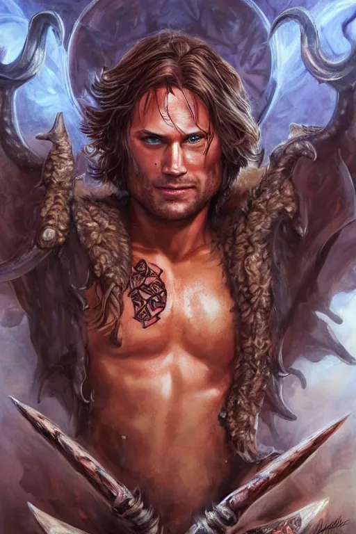 Prompt: front portrait of attractive sam winchester as a druid warrior, clothes torn apart, muscular chest tattooed with runes and symbols, d & d!, fantasy style, sharp focus!, ultra detailed, art by artgerm and peter andrew jones, wlop