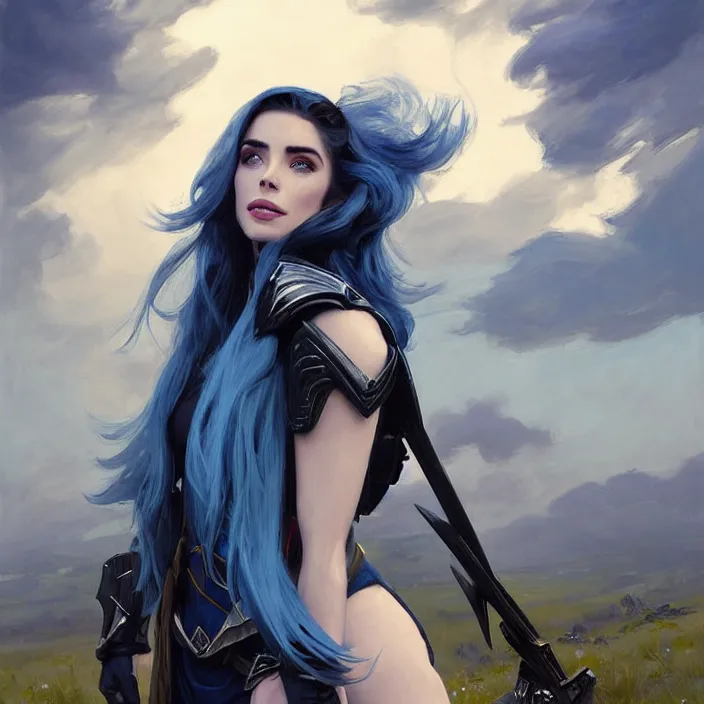 Image similar to portrait of a combination of Ashley Greene, Adriana Dxim, Grace Kelly and Lily Collins with blue hair wearing Warframe armor, countryside, calm, fantasy character portrait, dynamic pose, above view, sunny day, thunder clouds in the sky, artwork by Jeremy Lipkin and Giuseppe Dangelico Pino and Michael Garmash and Rob Rey and Greg Manchess and Huang Guangjian, very coherent asymmetrical artwork, sharp edges, perfect face, simple form, 100mm
