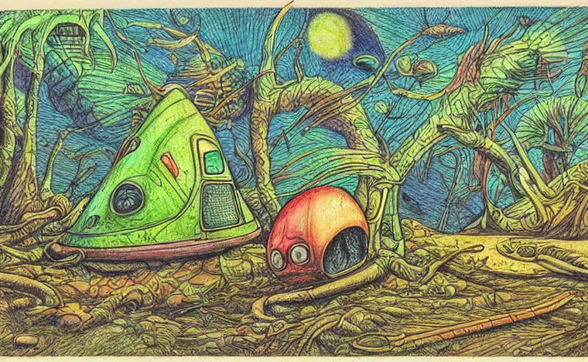 Image similar to intricately detailed color pencil drawing, retro spaceship crash landed on an alien forest landscape