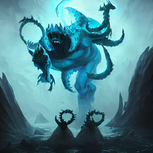 Prompt: water monster spirit blue shadow fiend from dota 2, dnd style, epic fantasy game art, by Greg Rutkowski, hearthstone artwork