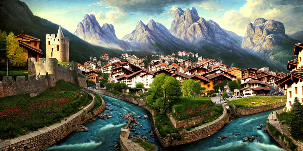 Prompt: view of medieval walled city nestled in a mountain with small river flowing through center, large castle high up in a mountain peak in the background, alpine architecture, half - timbered, tudor style houses, chalet, soft colors, cozy, very beautiful, intricate, majestic, concept art, artgerm, james gurney, trending on art station