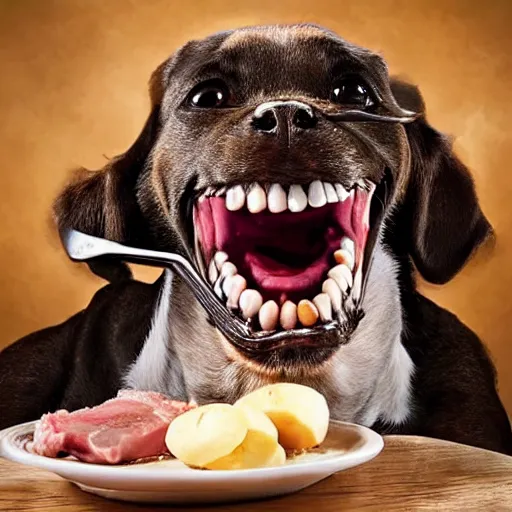 Image similar to dog with buck teeth eating pork chops, looney toon style