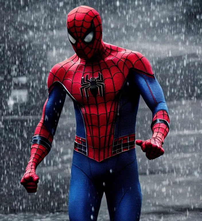 Image similar to cinematic still of jason statham as spiderman, dramatic rain, 8 k