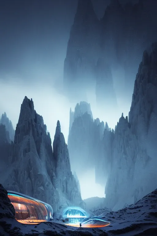 Image similar to futuristic atmosphere in the snowy craggy mountains dolomites 3 d concept art, neon lights, cinematic lighting, rule of thirds, depth of field, intricate details, building by zaha hadid, stormy weather, emissary space by arthur haas and bruce pennington and john schoenherr, cinematic matte painting, dark moody colors, trending on artstation, featured on behance