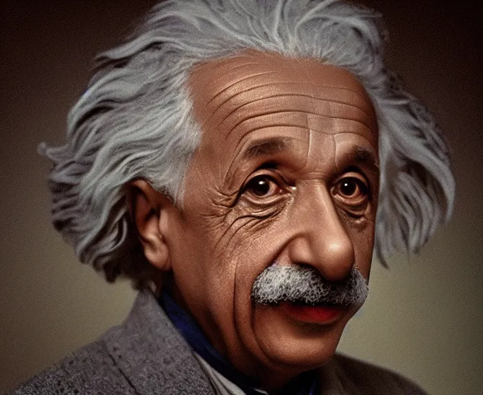 Image similar to 4 k hd, high detail photograph of albert einstein, shot with sigma f / 4. 2, 2 5 0 mm sharp lens, wide shot, consistent, isometric view, volumetric lighting, high level texture render