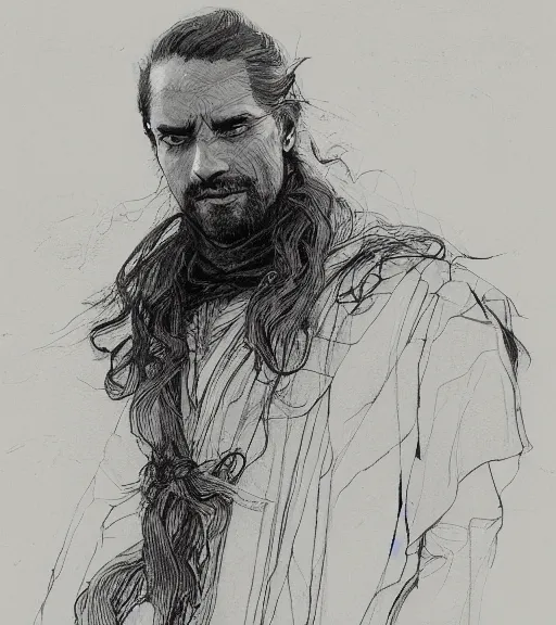 Prompt: portrait of clean - shaven man with pony - tail hair up wearing black robes, pen and ink, intricate line drawings, by craig mullins, ruan jia, kentaro miura, greg rutkowski, loundraw