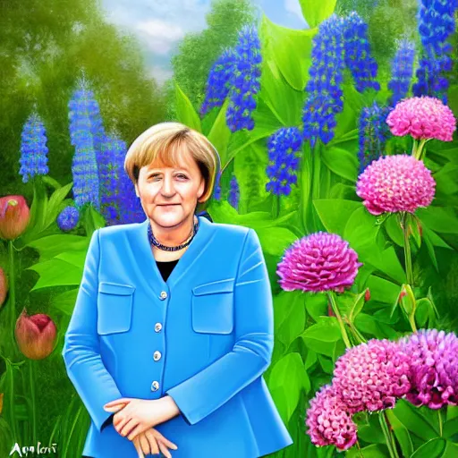 Image similar to a portrait of Angela Merkel with flowers grow out of hair, roses peonies forget-me-nots dahlias lupins gladioli, sky theme in background, by Alexandr Averin, Digital Art, Trending on artstation