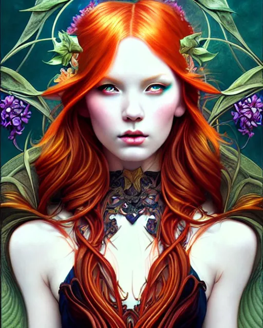 Image similar to Beautiful, evil and playful ethereal ginger portrait, art nouveau, fantasy, intricate flower designs, elegant, highly detailed, sharp focus, art by Artgerm and Alex Ross and WLOP