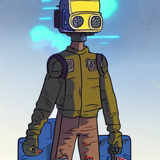 Image similar to in the style of max prentis and deathburger and laurie greasley a young mixed race male explorer wearing a cyberpunk headpiece who is standing on a giant robot head, highly detailed, 8k wallpaper, adventure time colour palette