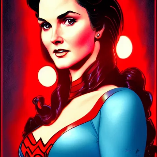 Image similar to a young lynda carter as wonder woman, volumetric lights, red and cyan theme, art nouveau botanicals, intricate, highly detailed, digital painting, artstation, concept art, smooth, sharp focus, cinematic, illustration, beautiful face, art by artgerm and greg rutkowski and alphonse mucha