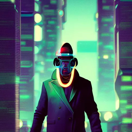 Image similar to a man wearing a futuristic headpiece with a cigarette in his mouth, cyberpunk art by Beeple, zbrush central contest winner, retrofuturism, darksynth, synthwave, retrowave