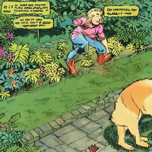 Prompt: golden retriever walking on a garden, isometric aerial panel, comic art by kirby, gibbons and buscema