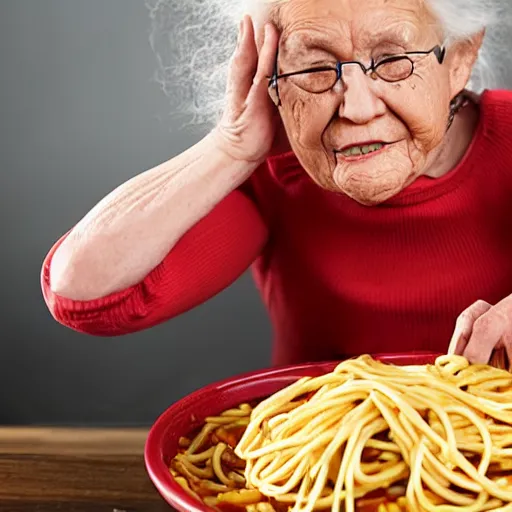 Image similar to grandma falling into a pit of spaghetti