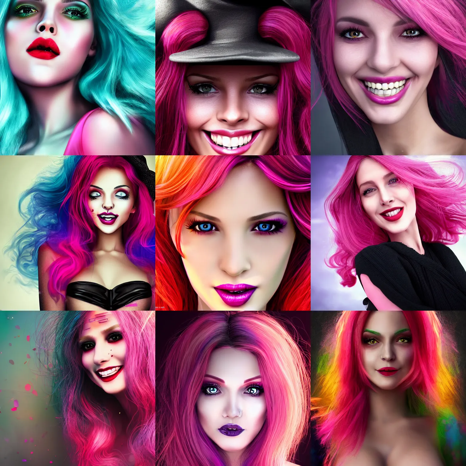 Image similar to ultra realistic portrait of a hot witch , colorful hair, pink lips, gorgeous smile, stunning, hottest, 8K resolution, deviantart,