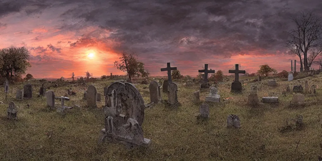 Prompt: abandoned open grave hole with cross tombstone backlight sunset moody panorama by frazetta