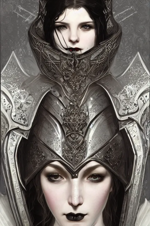 Prompt: beautiful luxury and evil and victorian and supernatural young female medieval white armor knight portrait+smoky eyes+front face with light flowing hair, ultradetail face, ruined gothic cathedral, art and illustration by tian zi and craig mullins and WLOP and alphonse mucha, ssci-fi, fantasy, intricate complexity, human structure, hypermaximalist, fantasy character concept, dynamic lighting, neon light, watermark, blurry, hyperrealism 8k