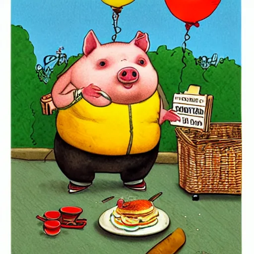 Prompt: a fat pig full from a feast by richard scarry