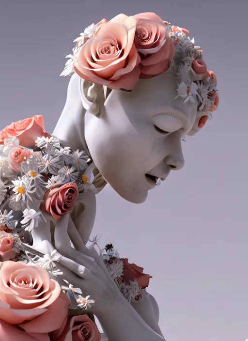 Prompt: slender biomechanical white marble statue holding perfume bottle made of corals, daisies, roses, well contoured smooth fair walls carrying perfume bottle, up close shot, sharp focus, global illumination, radiant light, alexandre ferra white mecha, irakli nadar, octane highly render, 4 k, ultra hd,