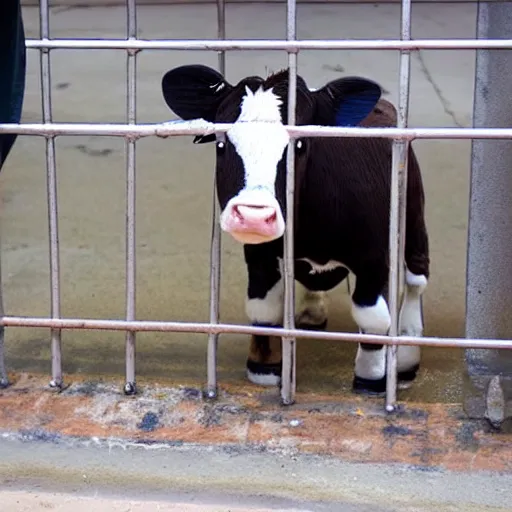 Image similar to cute calf dressed as an inmate behind bars