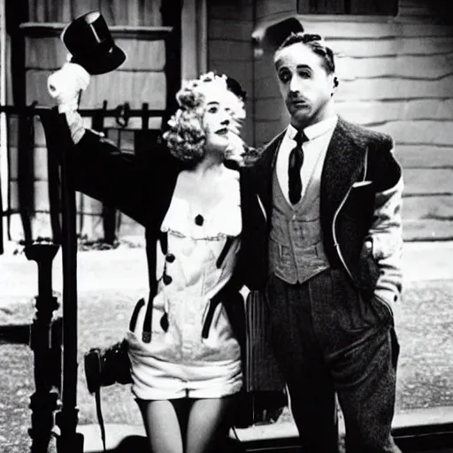 Image similar to still of ryan gosling and margot robbie, in charlie chaplin movie