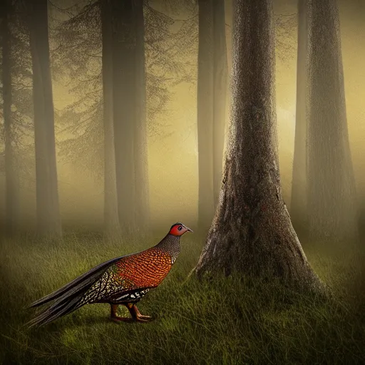 Prompt: pheasant guard sits on a stump, in deep forest, style by Hedgehog in the Fog , by Yuri Norstein art, small details, realistic illustration, foggy atmosphere, volumetric lighting ,